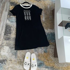Black Calvin Klein T-shirt dress size L. White Calvin Klein slides size 9